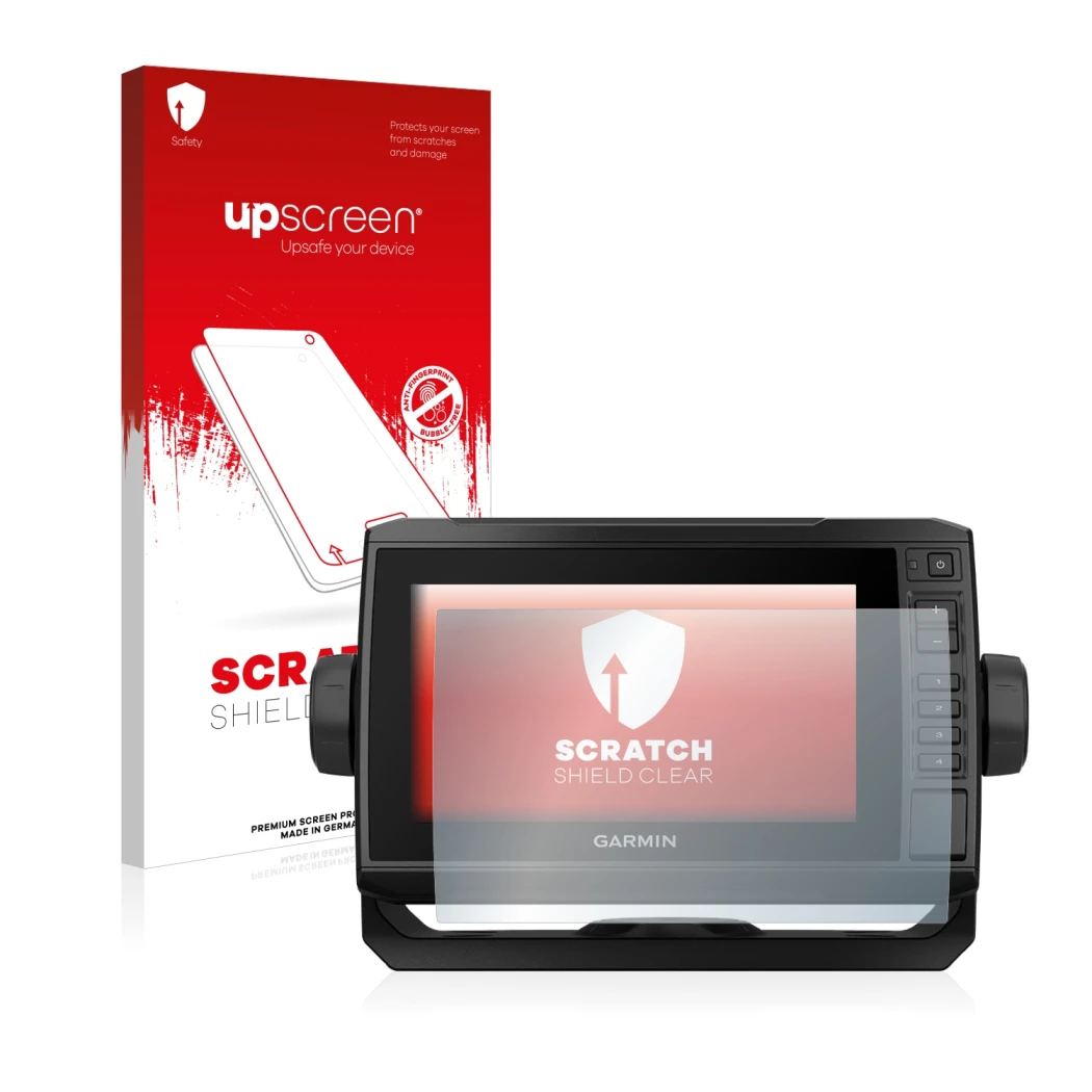 Front side of a product packaging with the brand logo upscreen. Next to it is the device Garmin ECHOMAP UHD 72cv shown with th