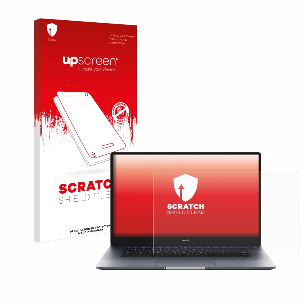 Front side of a product packaging with the brand logo upscreen. Next to it is the device Honor MagicBook 15
