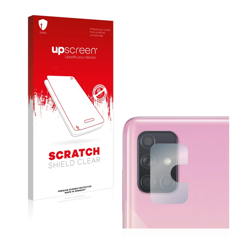 Front side of a product packaging with the brand logo upscreen. Next to it is the device Samsung Galaxy A71 (ONLY Camera Lens)