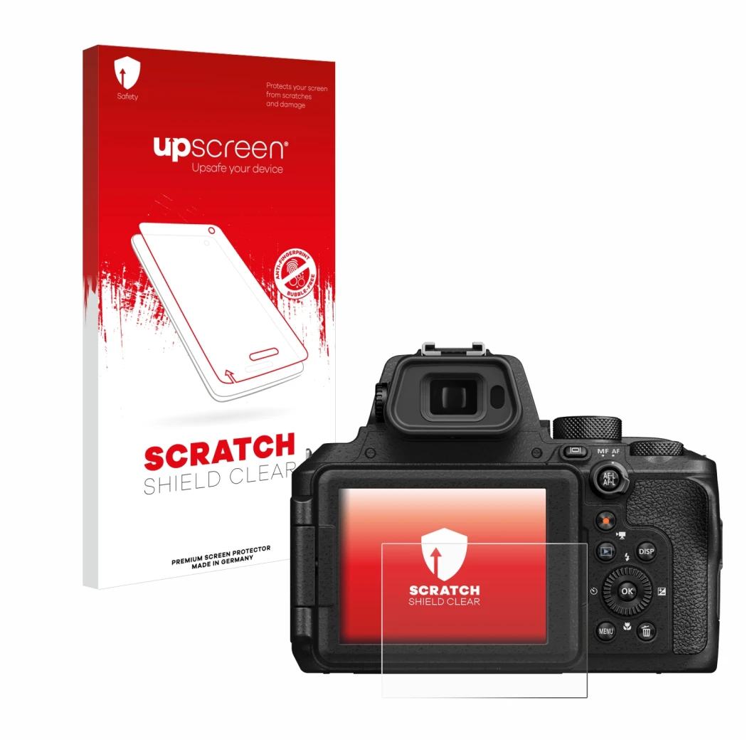 Front side of a product packaging with the brand logo upscreen. Next to it is the device Nikon Coolpix P950 shown with the cor