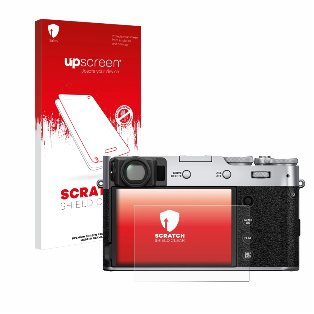 Front side of a product packaging with the brand logo upscreen. Next to it is the device Fujifilm X100V shown with the corresp