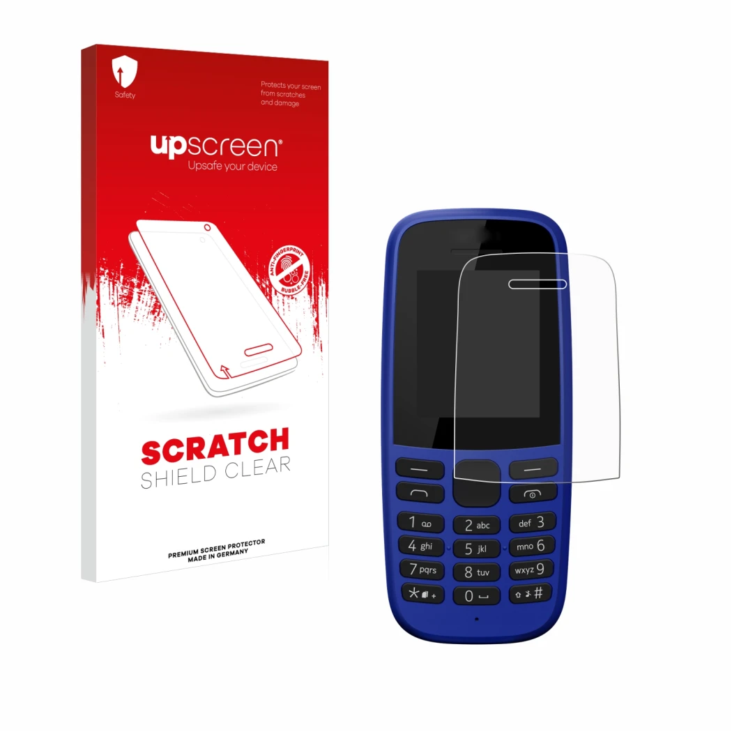 Front side of a product packaging with the brand logo upscreen. Next to it is the device Nokia 105 DS 2019 shown with the corr