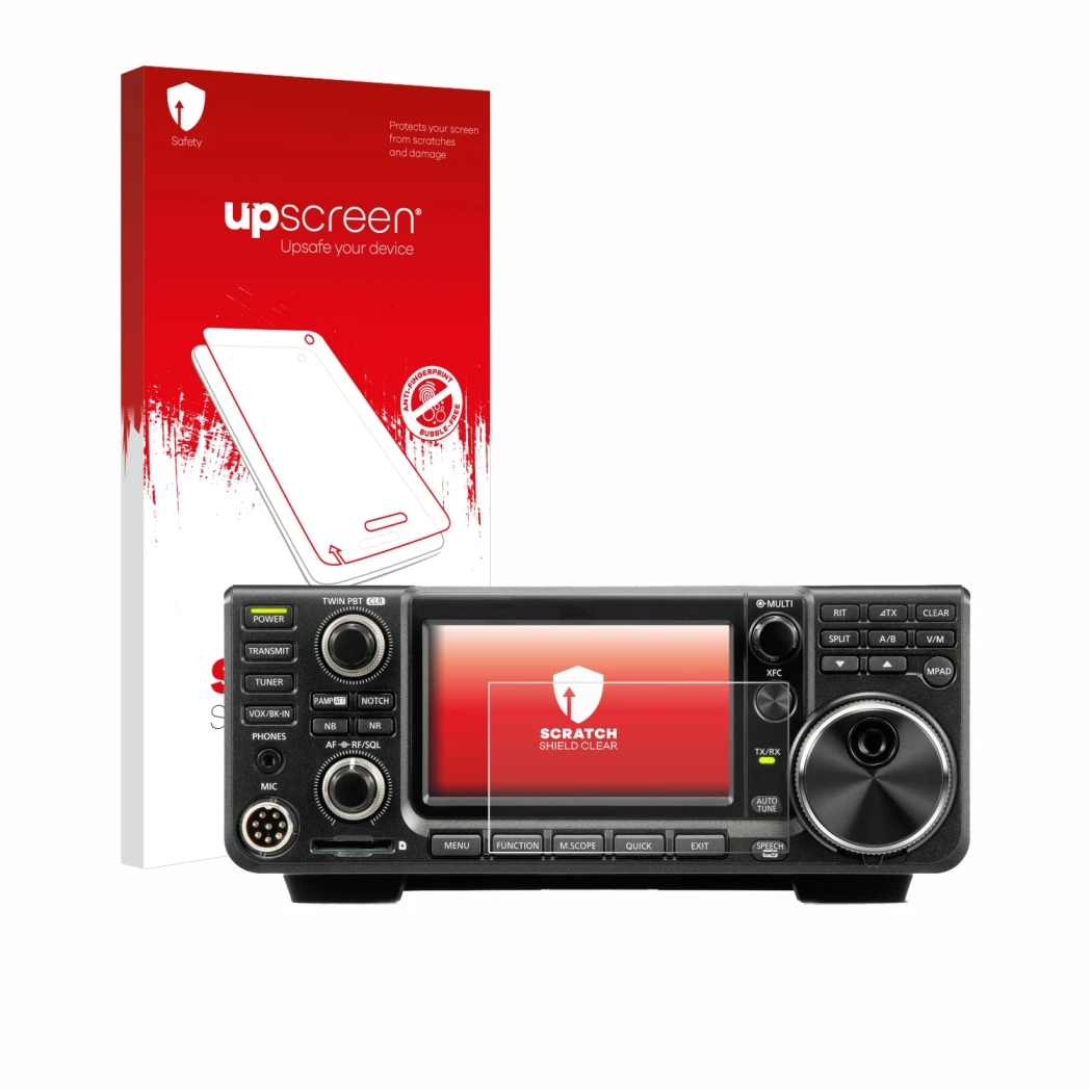 Front side of a product packaging with the brand logo upscreen. Next to it is the device Icom IC-9700 shown with the correspon