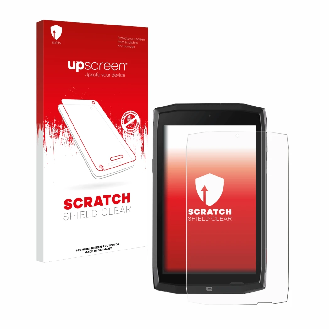Front side of a product packaging with the brand logo upscreen. Next to it is the device Crosscall Core T4 shown with the corr