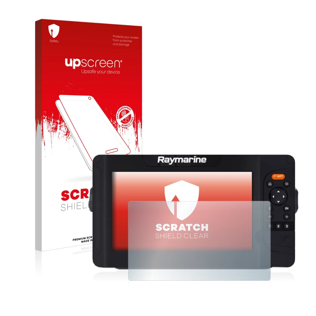 Front side of a product packaging with the brand logo upscreen. Next to it is the device Raymarine Element 7 HV shown with the