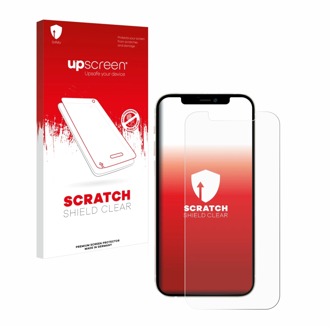 Front side of a product packaging with the brand logo upscreen. Next to it is the device Apple iPhone 12 shown with the corres