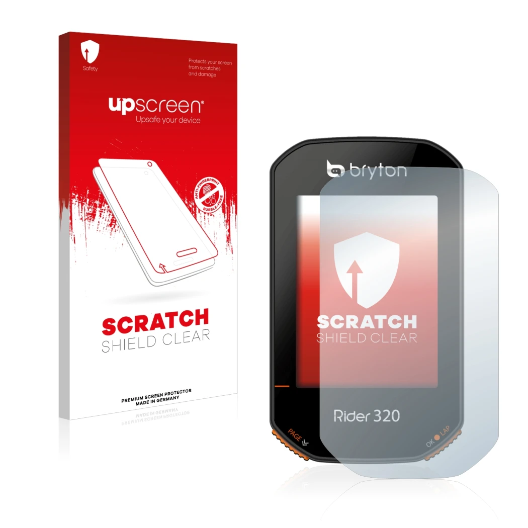 Front side of a product packaging with the brand logo upscreen. Next to it is the device Bryton Rider 320 shown with the corre