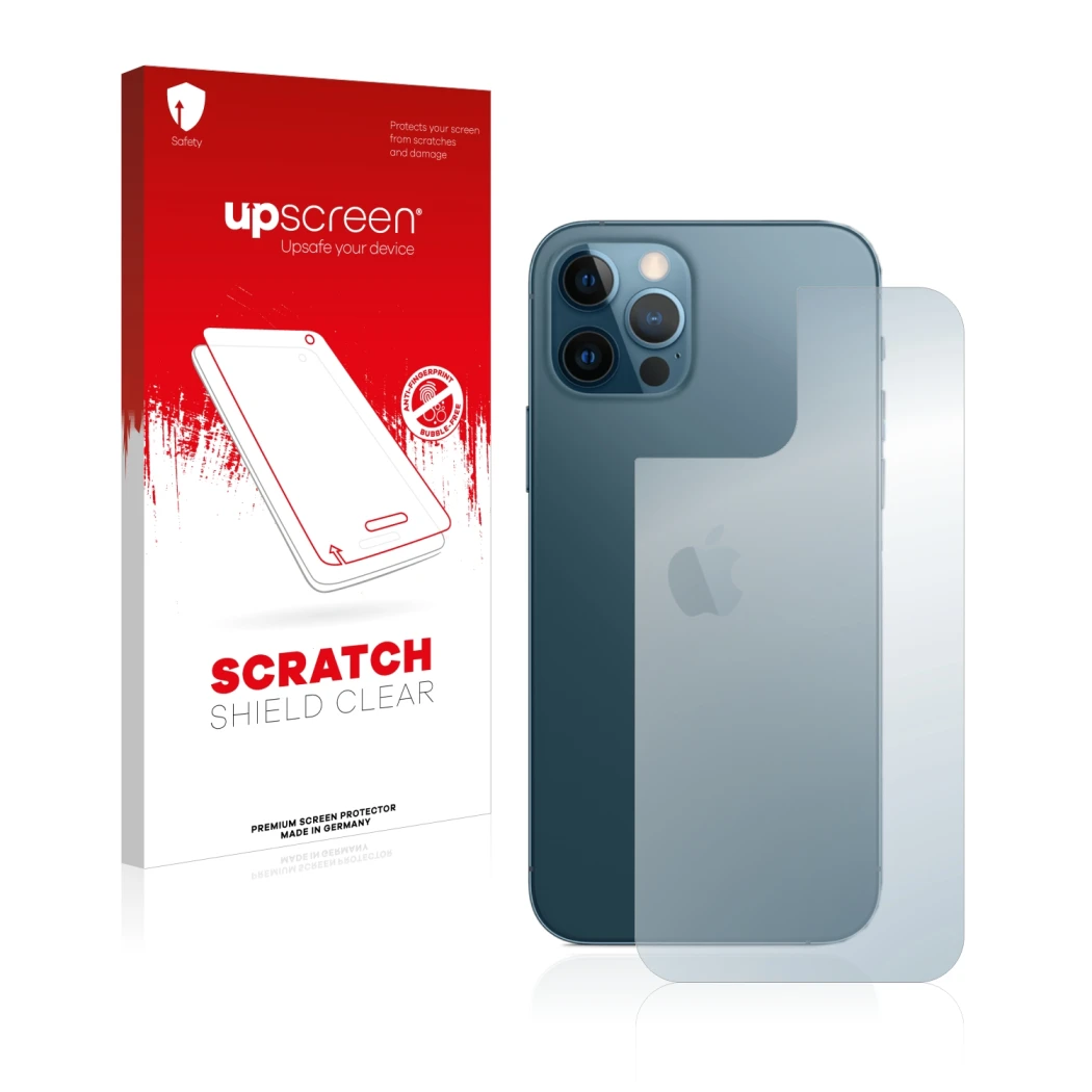 Front side of a product packaging with the brand logo upscreen. Next to it is the device Apple iPhone 12 Pro (Back) shown with