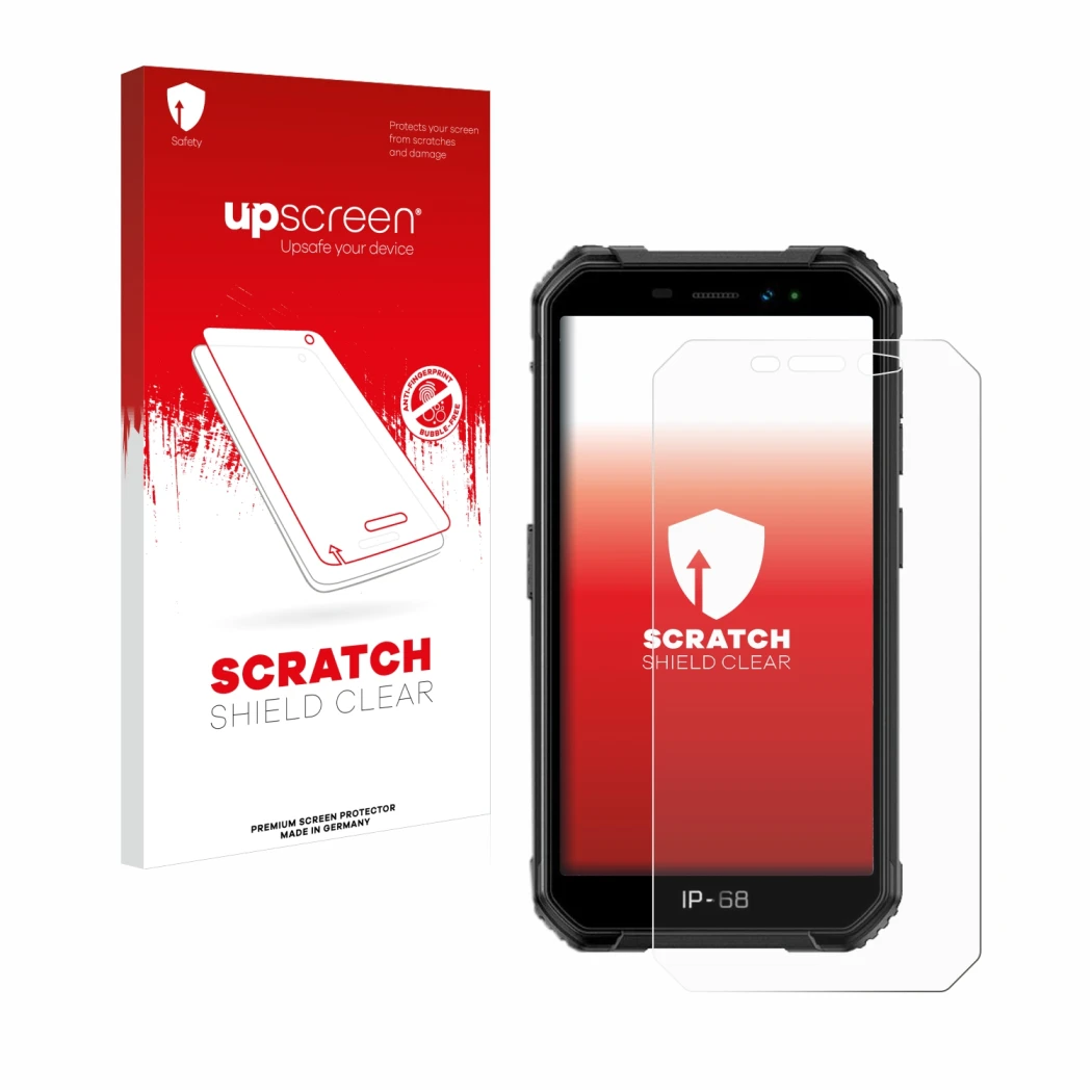 Front side of a product packaging with the brand logo upscreen. Next to it is the device Ulefone Armor X6 shown with the corre