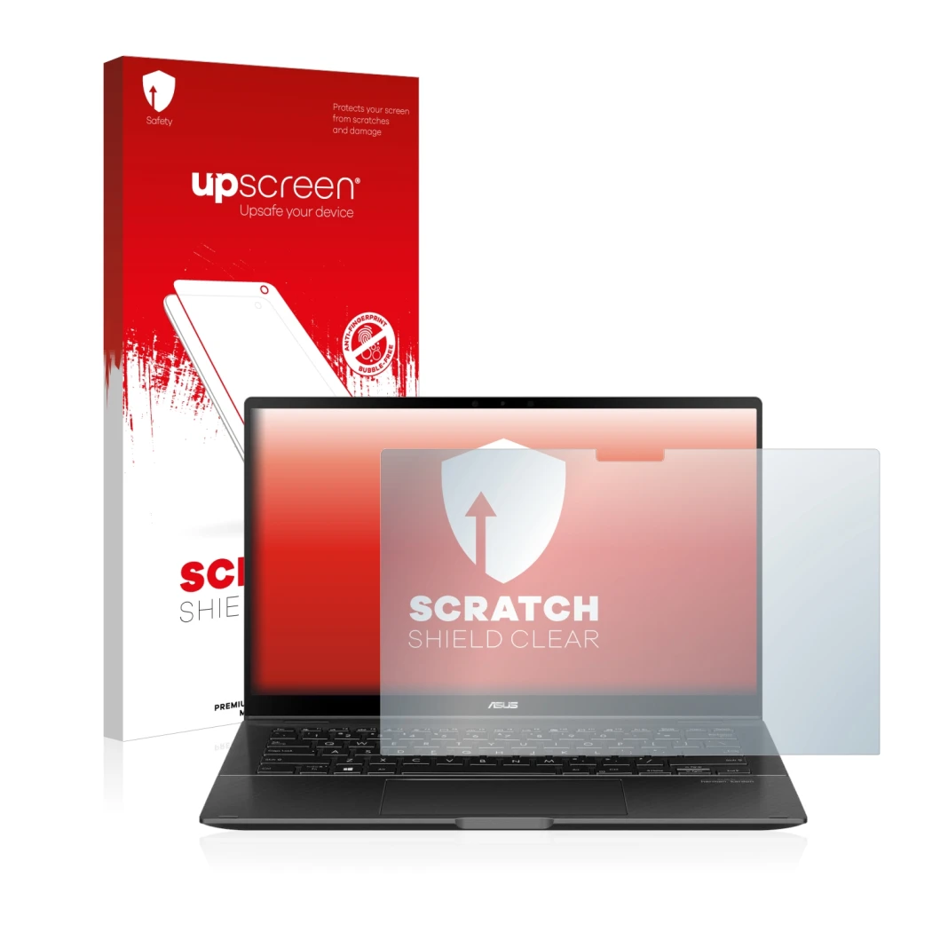 Front side of a product packaging with the brand logo upscreen. Next to it is the device ASUS ZenBook Flip 14 UX463FA shown wi