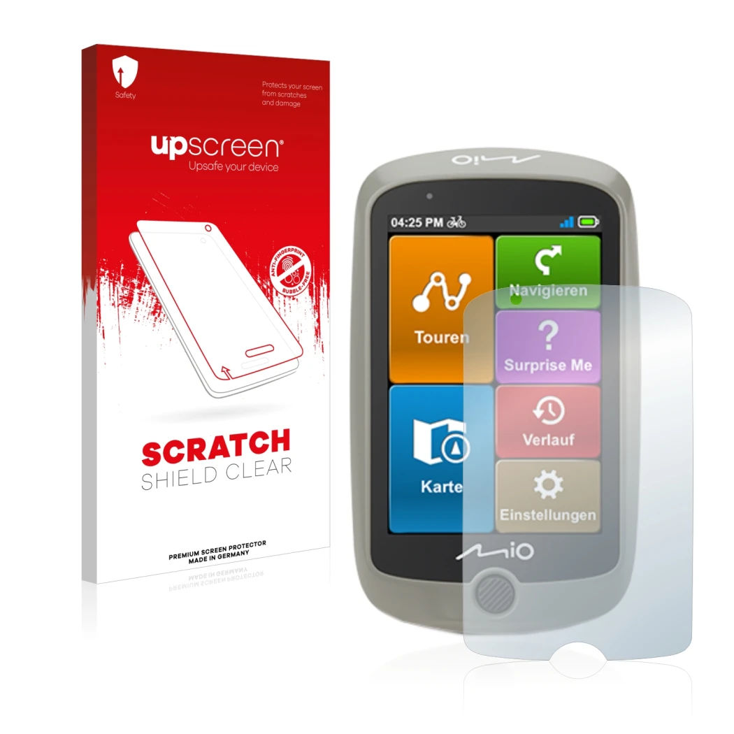 Front side of a product packaging with the brand logo upscreen. Next to it is the device Mitac Mio Cyclo Discover shown with t