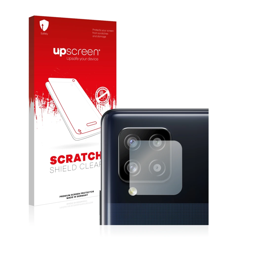 Front side of a product packaging with the brand logo upscreen. Next to it is the device Samsung Galaxy A42 5G (ONLY Camera Le
