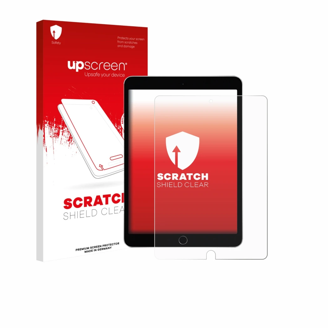 Front side of a product packaging with the brand logo upscreen. Next to it is the device Apple iPad 10.2