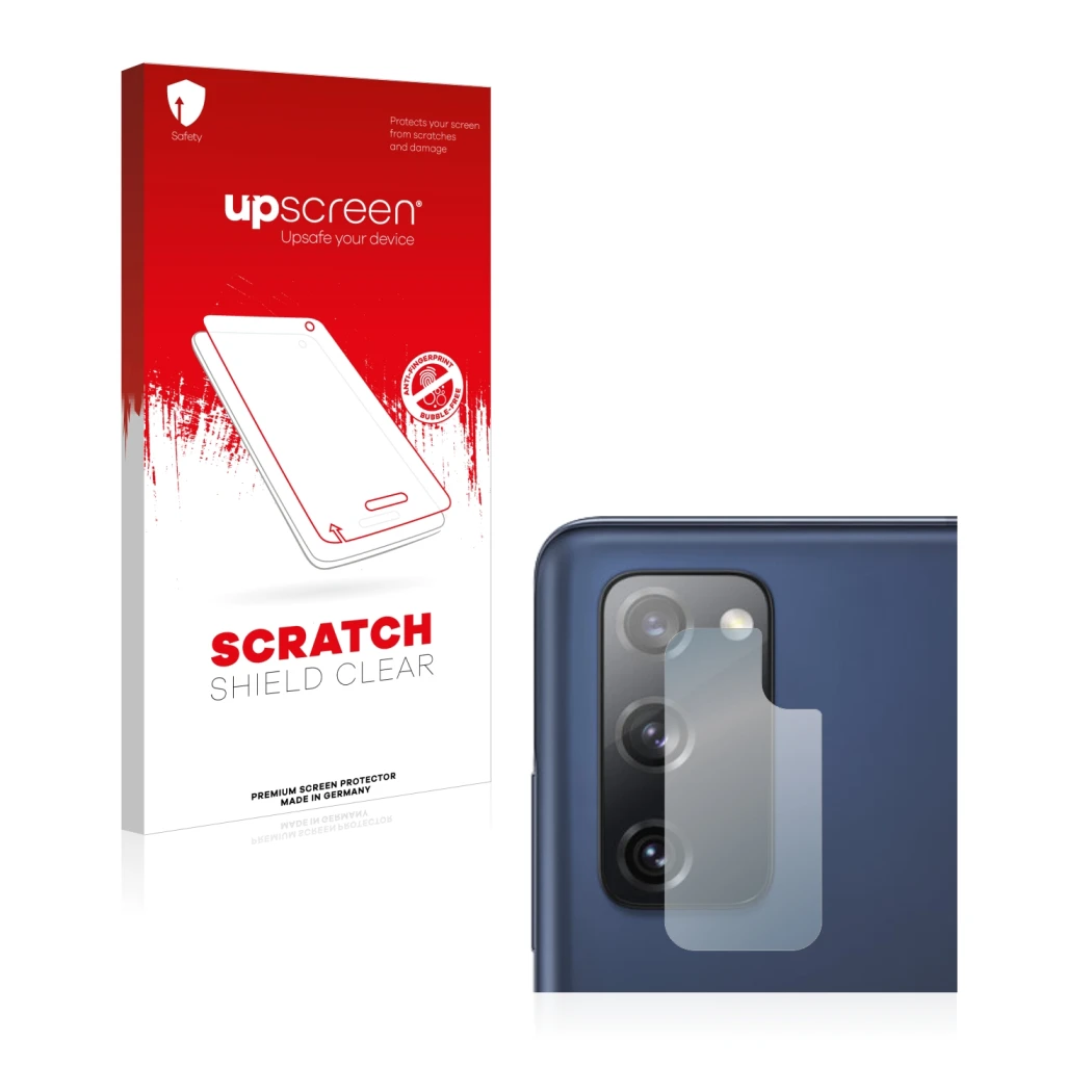 Front side of a product packaging with the brand logo upscreen. Next to it is the device Samsung Galaxy S20 FE 5G (ONLY Camera