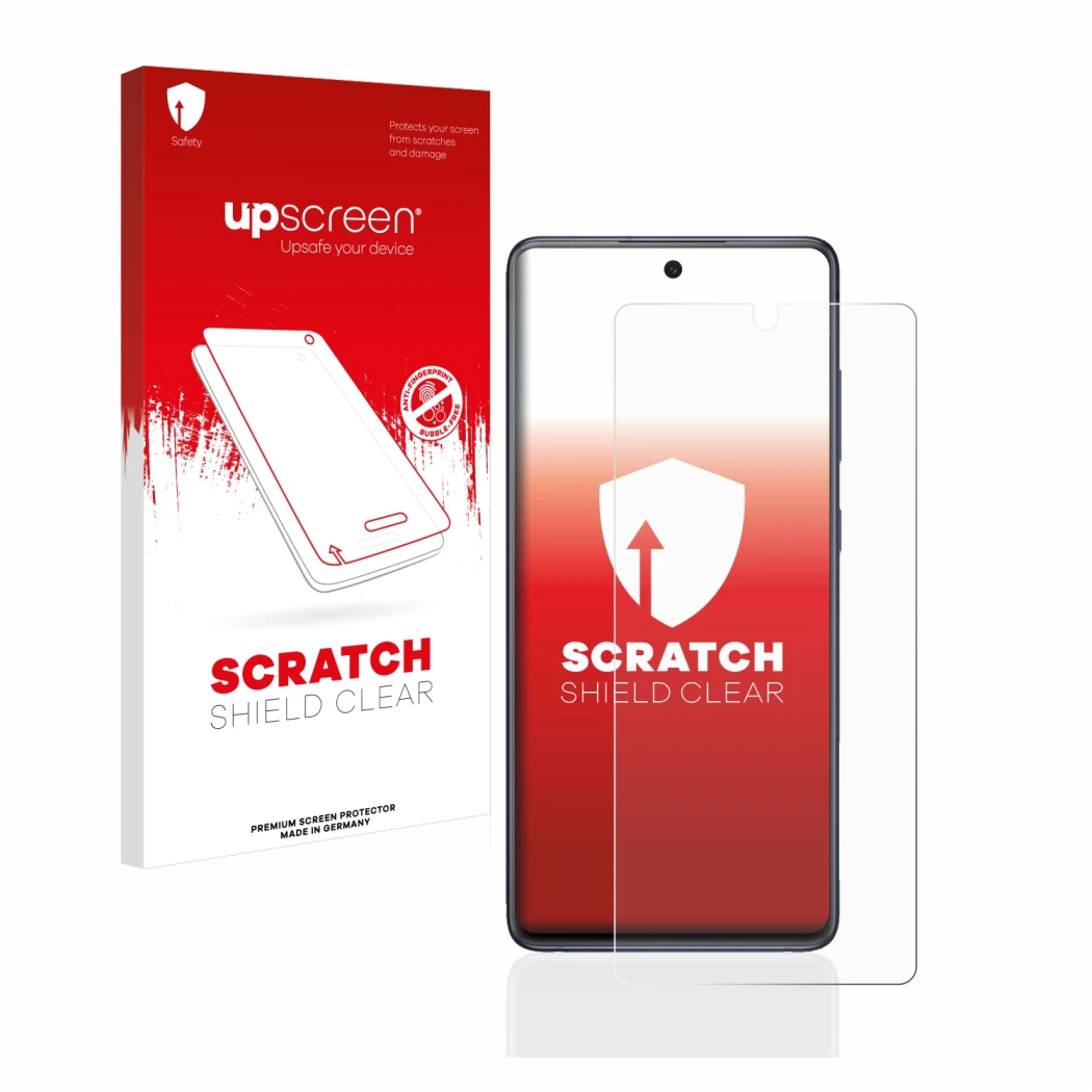 Front side of a product packaging with the brand logo upscreen. Next to it is the device Samsung Galaxy S20 FE 5G shown with t
