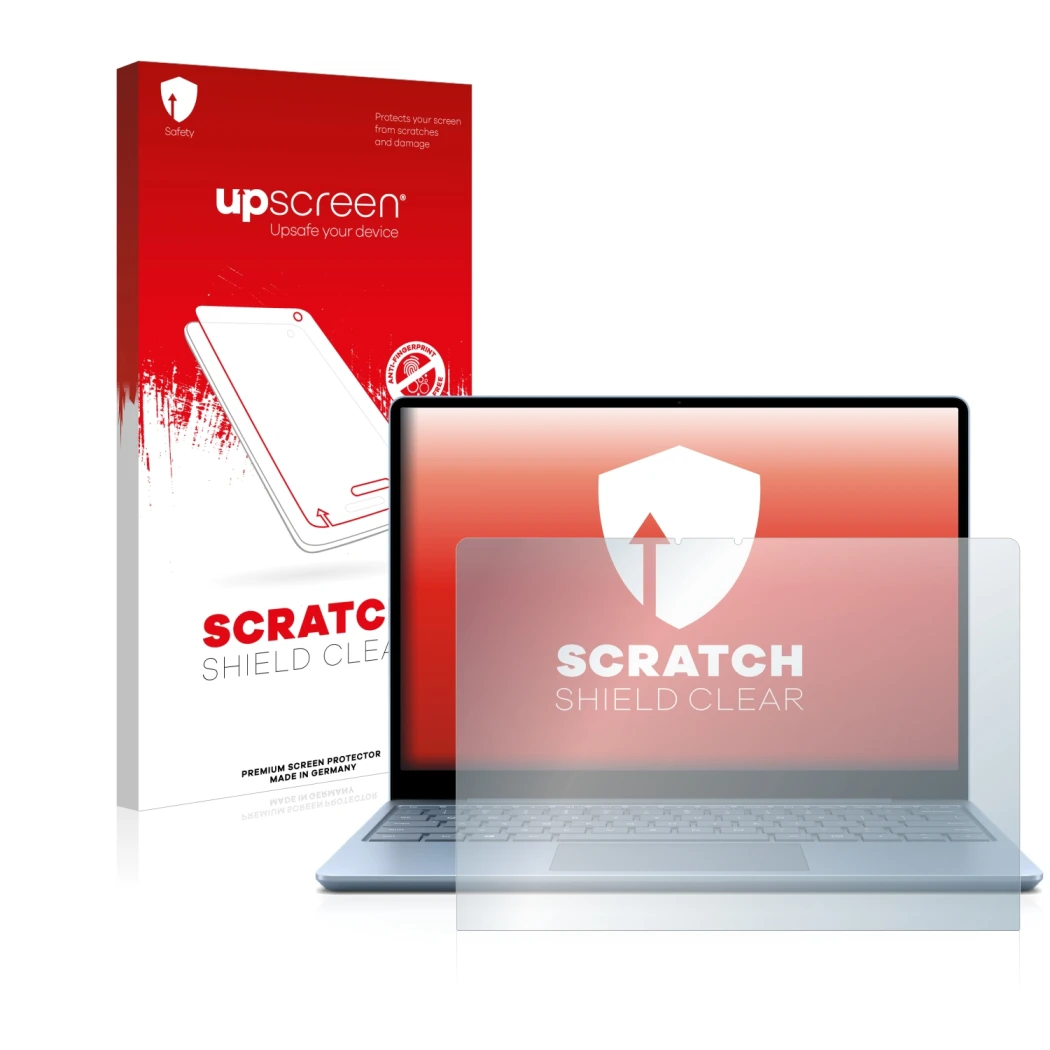 Front side of a product packaging with the brand logo upscreen. Next to it is the device Microsoft Surface Laptop Go shown wit