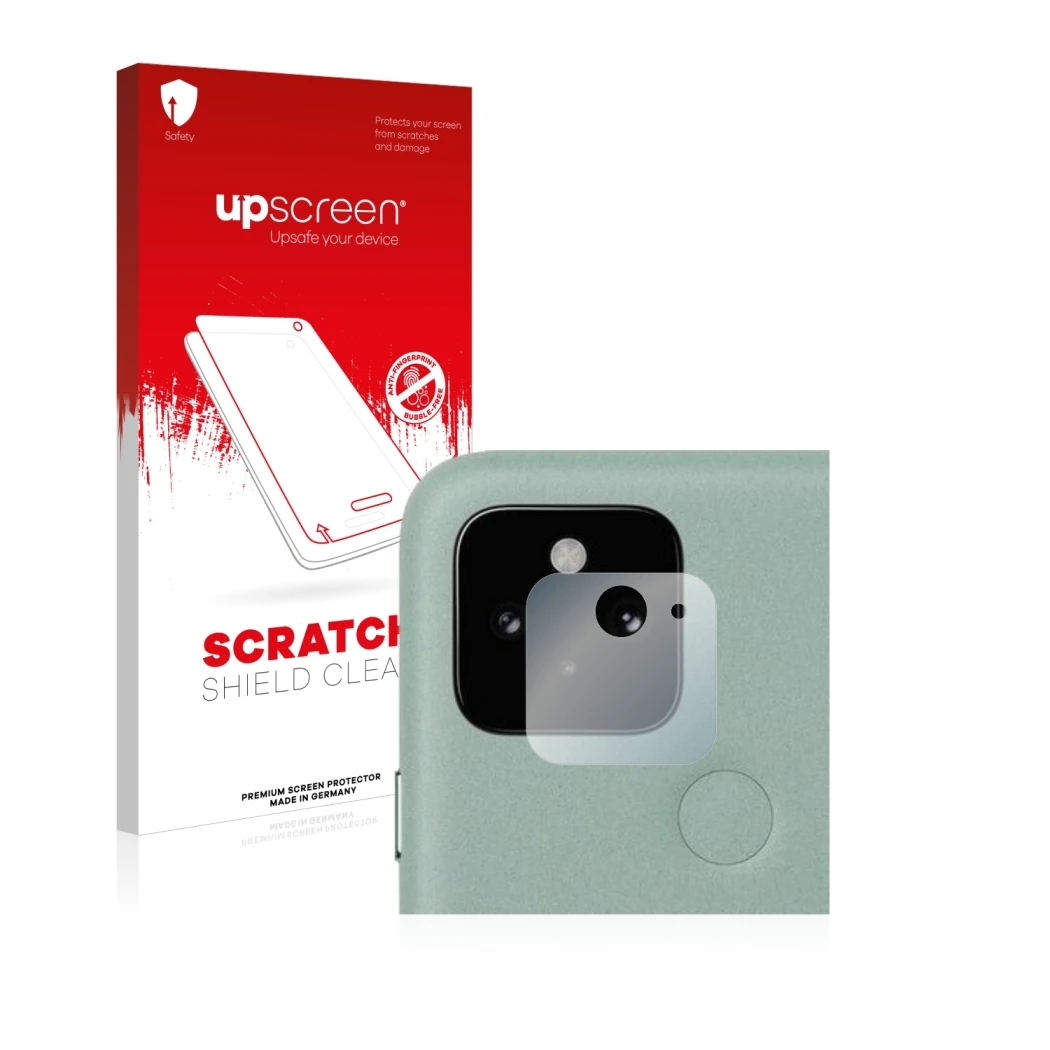 Front side of a product packaging with the brand logo upscreen. Next to it is the device Google Pixel 5 (ONLY Camera Lens) sho