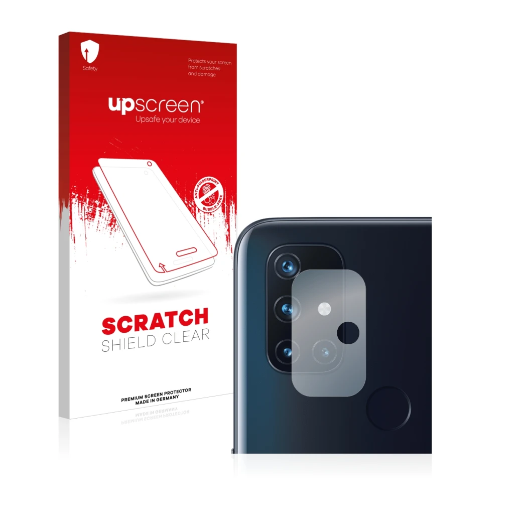 Front side of a product packaging with the brand logo upscreen. Next to it is the device OnePlus Nord N10 5G (ONLY Camera Lens