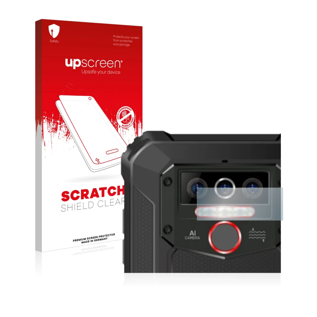 Front side of a product packaging with the brand logo upscreen. Next to it is the device Oukitel WP5 Pro (ONLY Camera Lens) sh