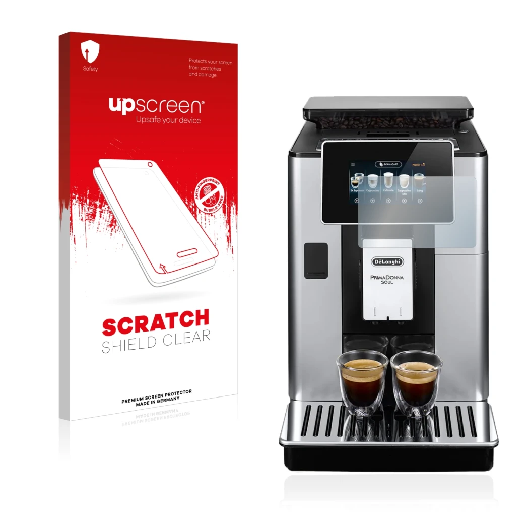 Front side of a product packaging with the brand logo upscreen. Next to it is the device DeLonghi PrimaDonna Soul ECAM610.74.M