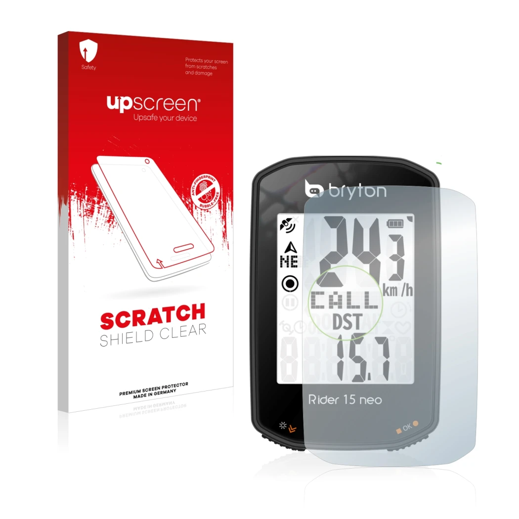 Front side of a product packaging with the brand logo upscreen. Next to it is the device Bryton Rider 15 neo shown with the co