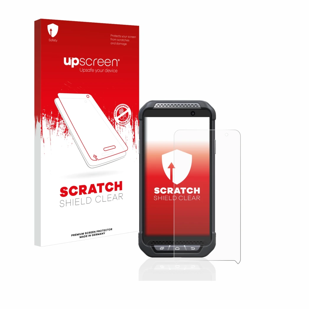 Front side of a product packaging with the brand logo upscreen. Next to it is the device Point Mobile PM85 shown with the corr