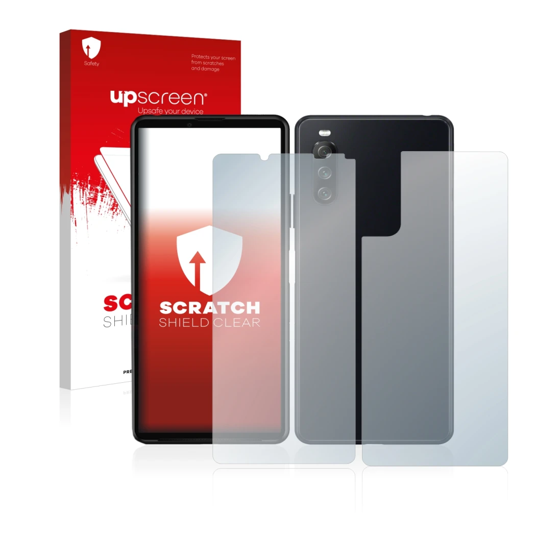 Front side of a product packaging with the brand logo upscreen. Next to it is the device Sony Xperia 10 III (Front+Back) shown