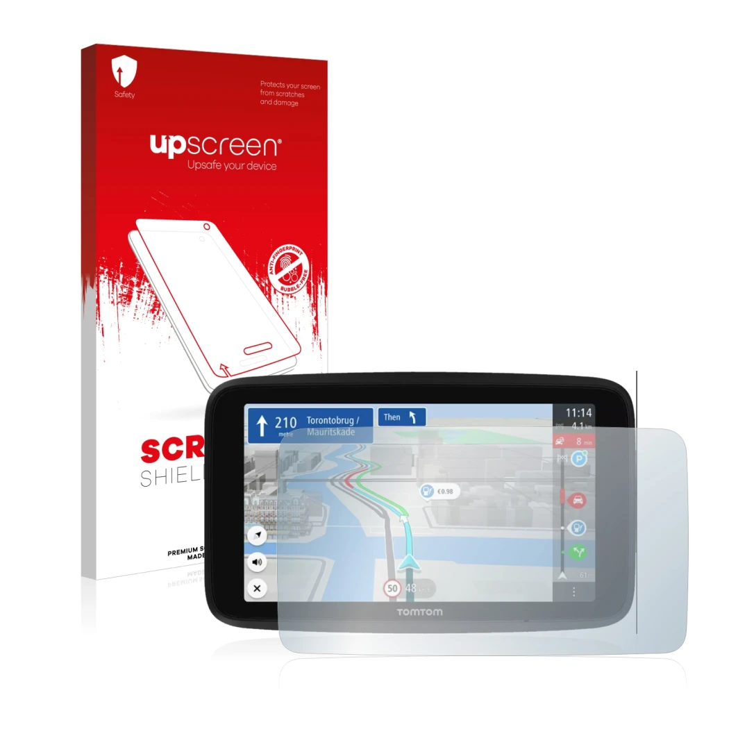 Front side of a product packaging with the brand logo upscreen. Next to it is the device TomTom GO Discover 6