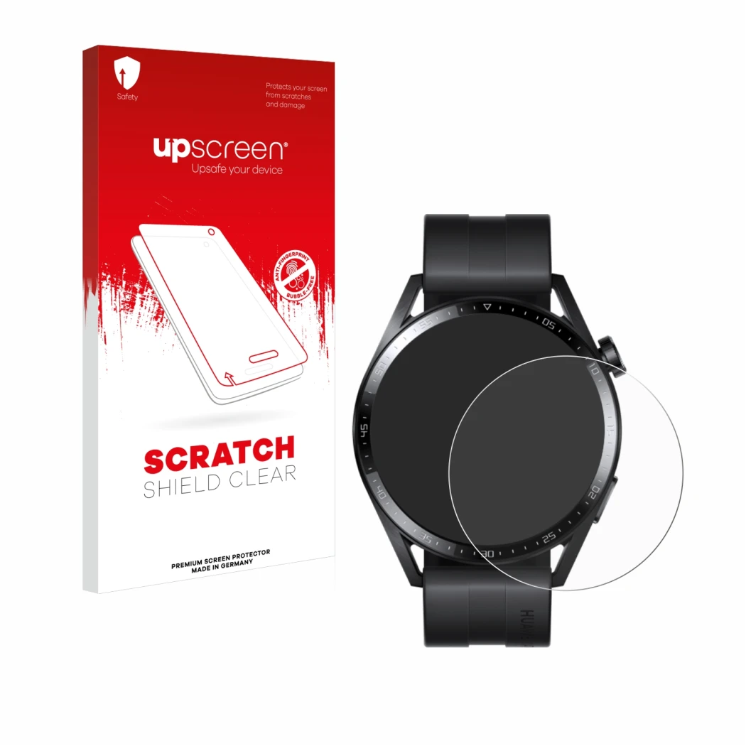Front side of a product packaging with the brand logo upscreen. Next to it is the device Huawei Watch GT 3 (46 mm) shown with 