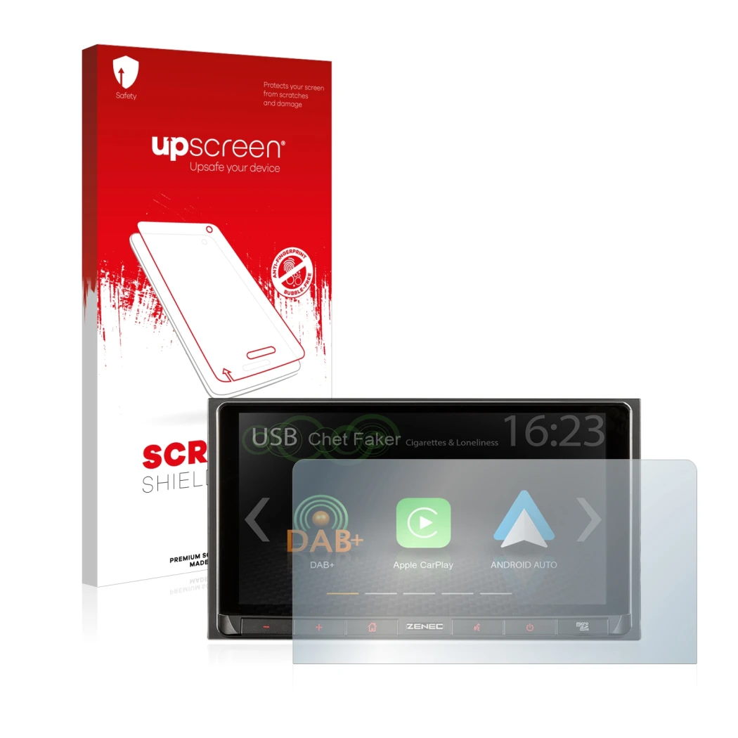 Front side of a product packaging with the brand logo upscreen. Next to it is the device Zenec Z-N528 shown with the correspon