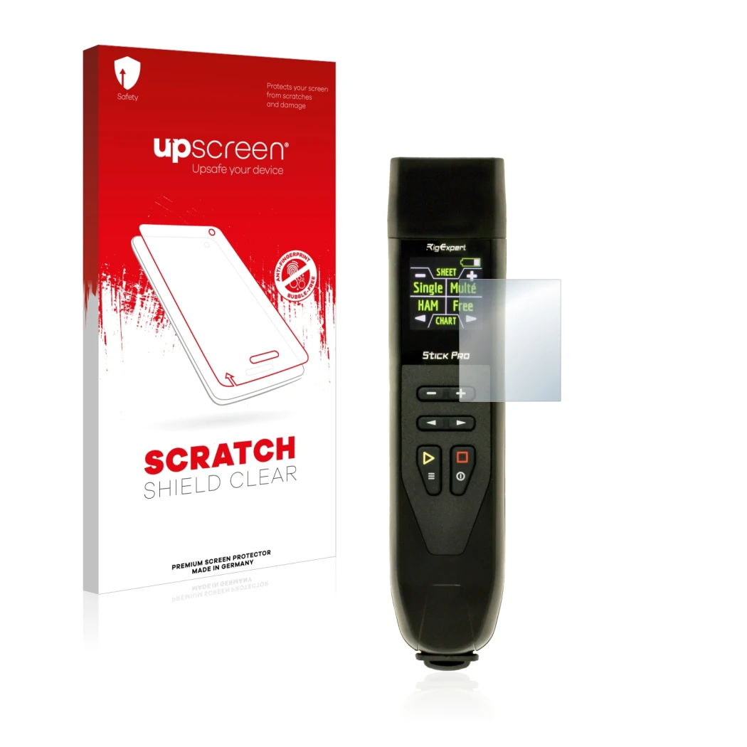 Front side of a product packaging with the brand logo upscreen. Next to it is the device RigExpert Stick Pro shown with the co