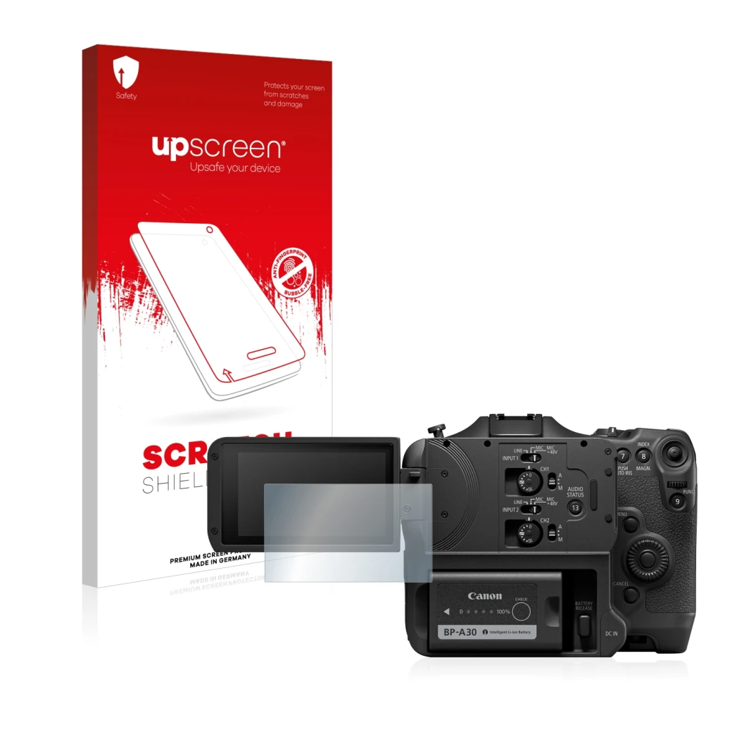 Front side of a product packaging with the brand logo upscreen. Next to it is the device Canon EOS C70 shown with the correspo
