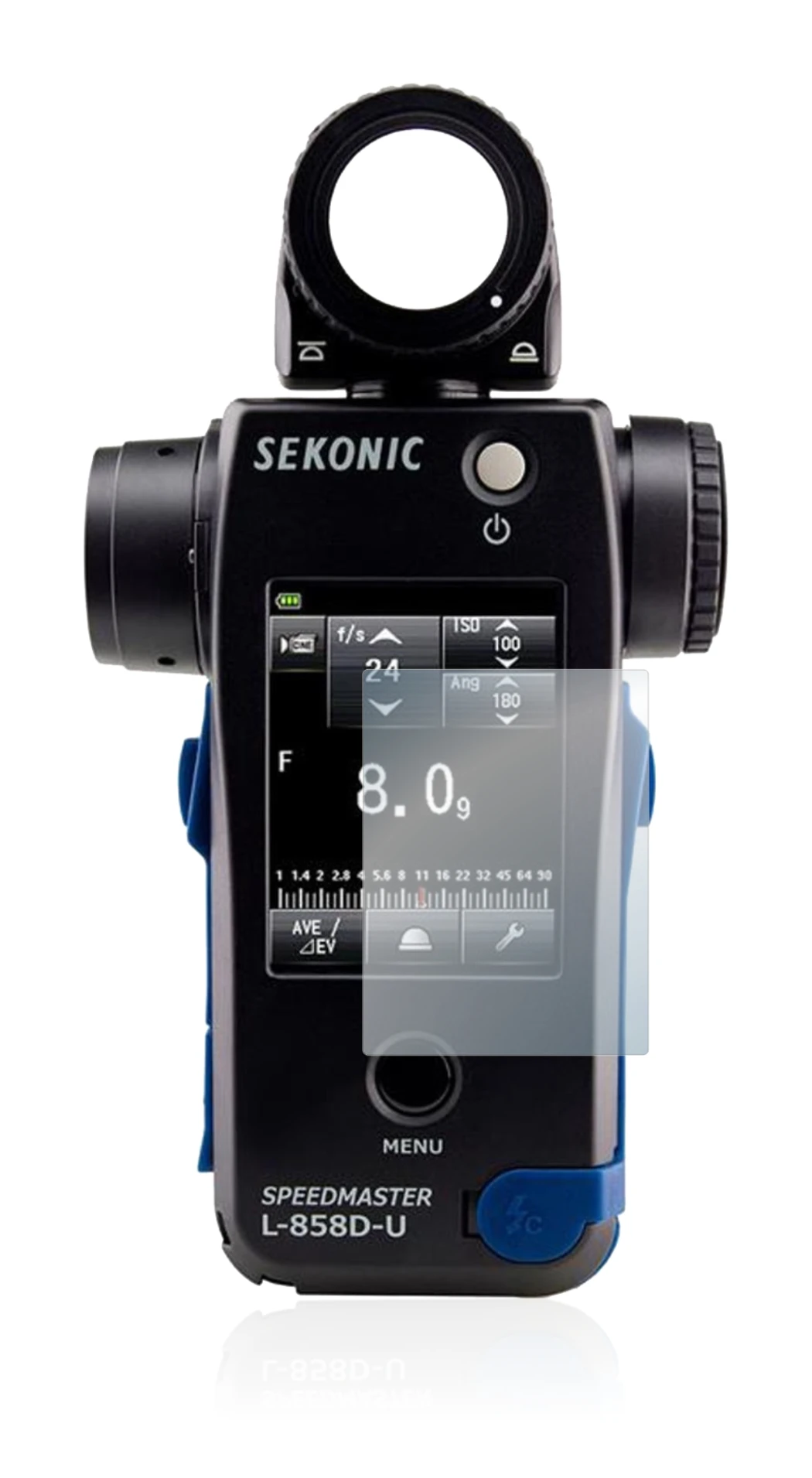 Image of the device Sekonic L858D with a wide variety of screen protectors.