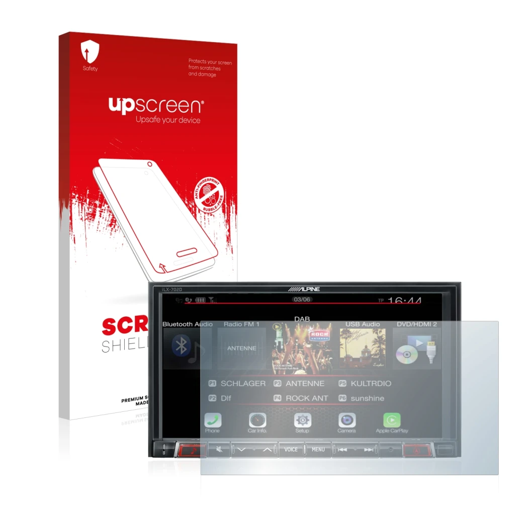 Front side of a product packaging with the brand logo upscreen. Next to it is the device Alpine iLX-702D shown with the corres