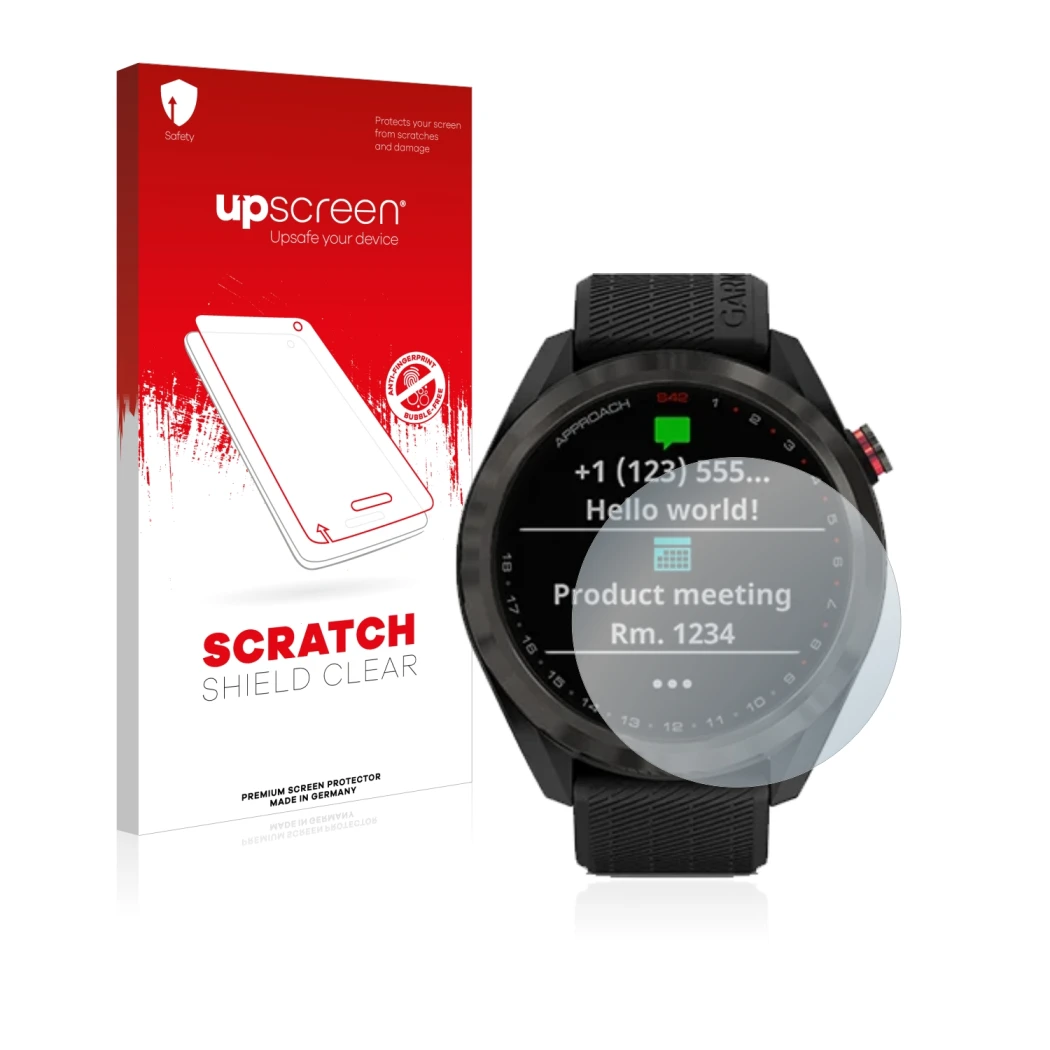 Front side of a product packaging with the brand logo upscreen. Next to it is the device Garmin Approach S42 shown with the co