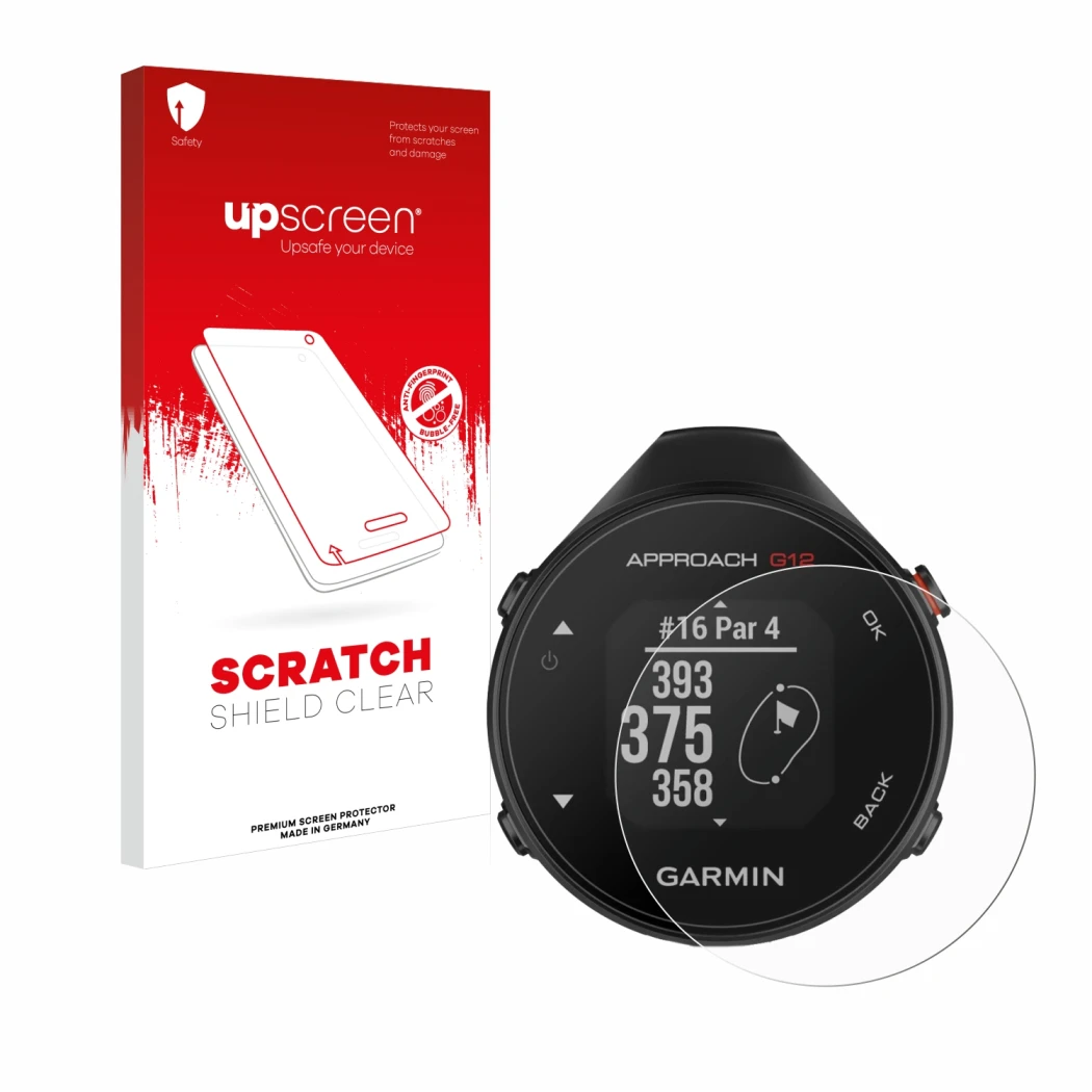 Front side of a product packaging with the brand logo upscreen. Next to it is the device Garmin Approach G12 shown with the co