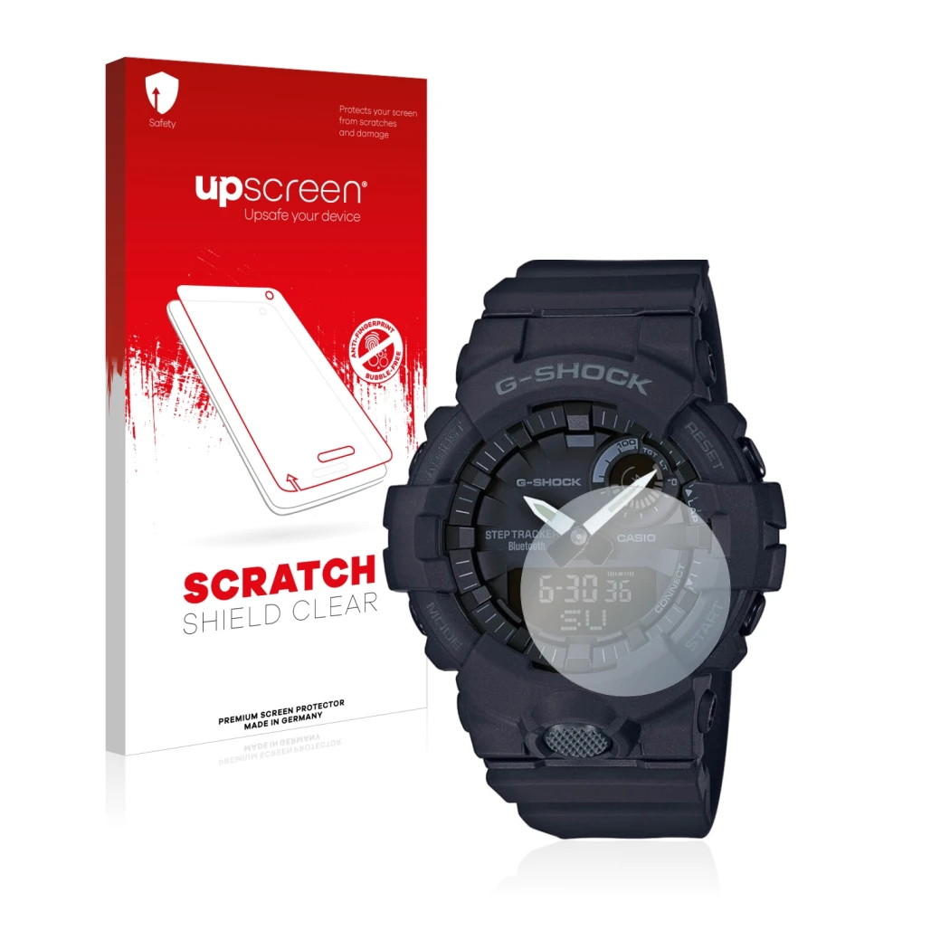 Front side of a product packaging with the brand logo upscreen. Next to it is the device Casio G-Shock GBA800 shown with the c