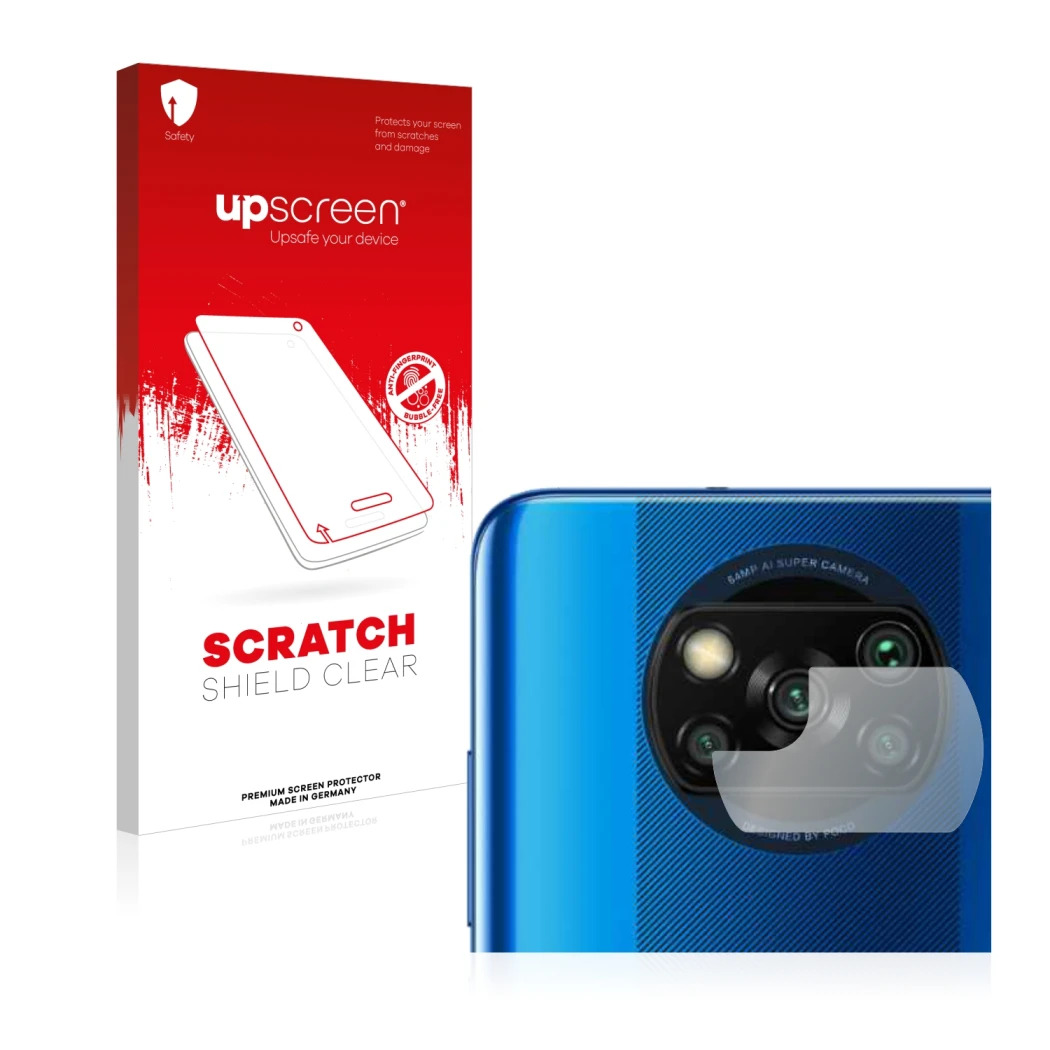 Front side of a product packaging with the brand logo upscreen. Next to it is the device Xiaomi Poco X3 Pro (ONLY Camera Lens)