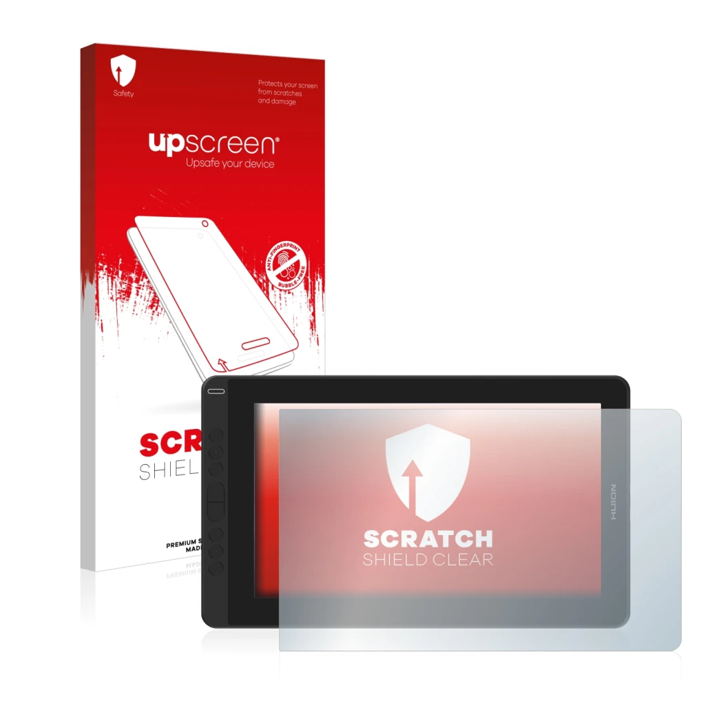 Front side of a product packaging with the brand logo upscreen. Next to it is the device Huion Kamvas 13 shown with the corres