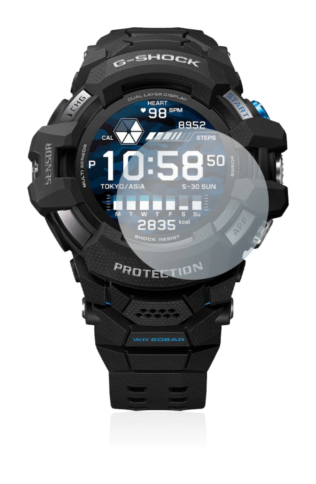Image of the device Casio G-Shock GSW-H1000 with a wide variety of screen protectors.