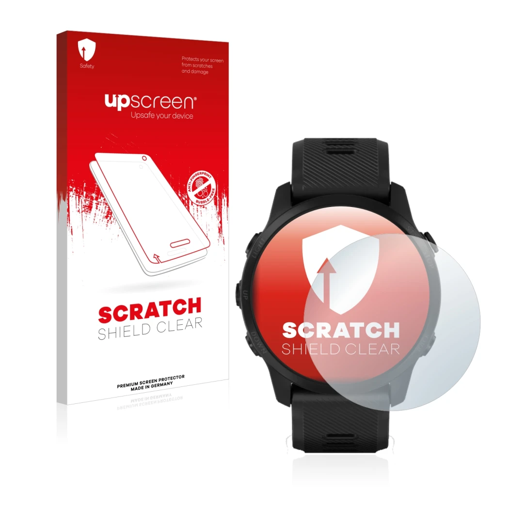 Front side of a product packaging with the brand logo upscreen. Next to it is the device Garmin Forerunner 945 LTE shown with 