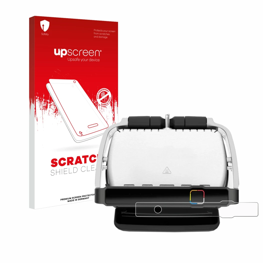 Front side of a product packaging with the brand logo upscreen. Next to it is the device Tefal OptiGrill Elite shown with the