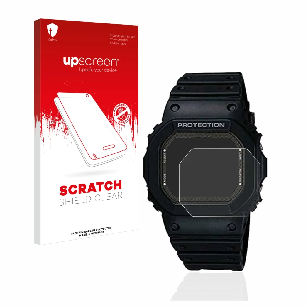 Front side of a product packaging with the brand logo upscreen. Next to it is the device Casio G-Shock GW-5000-1JF shown with