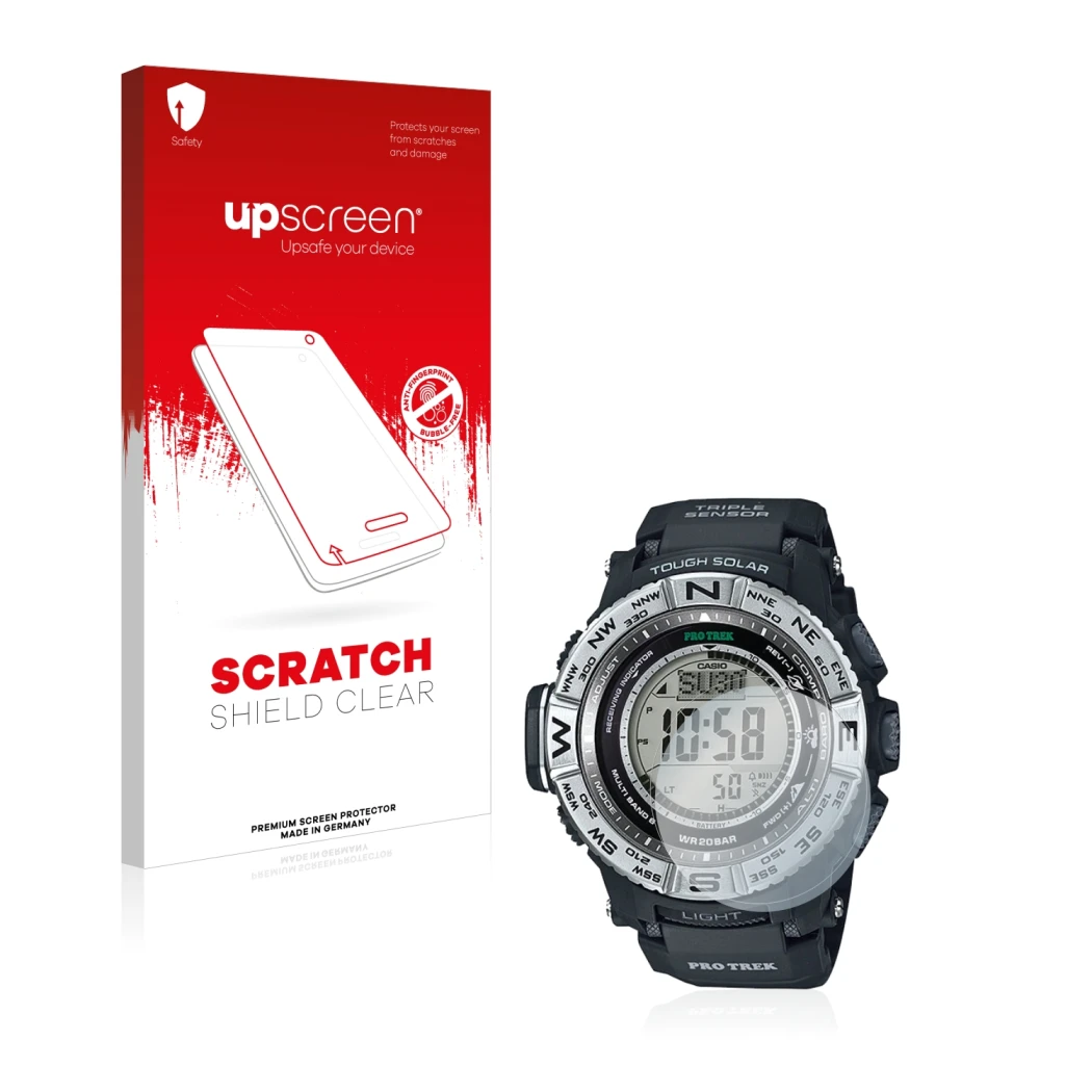 Front side of a product packaging with the brand logo upscreen. Next to it is the device Casio Pro Trek PRW-3500-1 shown with 