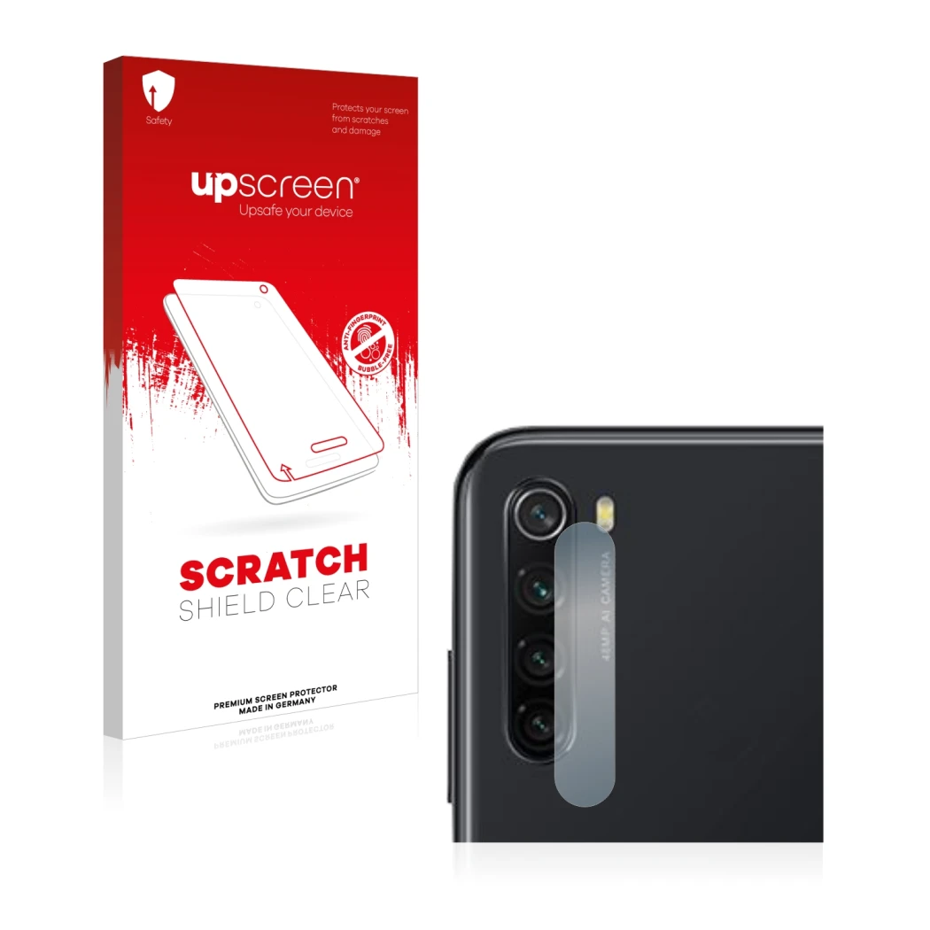 Front side of a product packaging with the brand logo upscreen. Next to it is the device Xiaomi Redmi Note 8 2021 (ONLY Camera