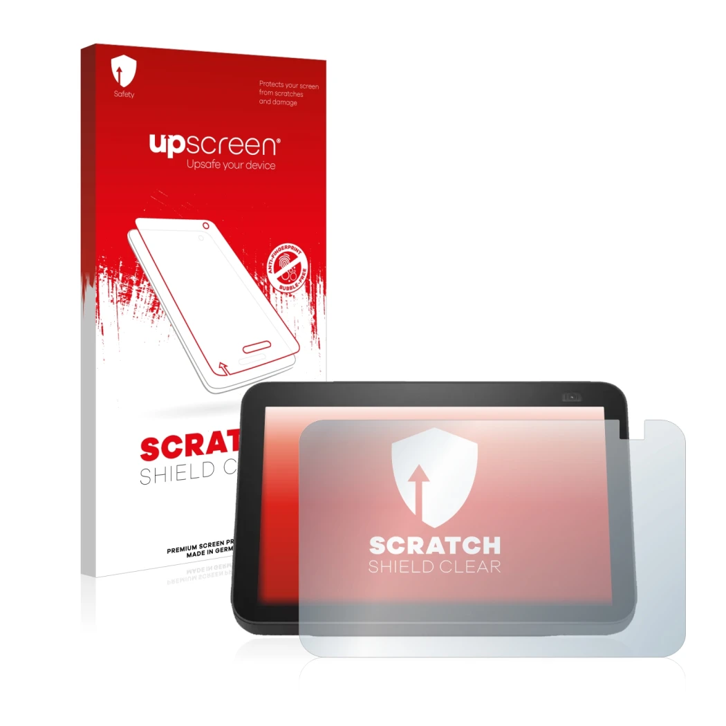 Front side of a product packaging with the brand logo upscreen. Next to it is the device Amazon Echo Show 8 2021 (2nd Gen.) sh