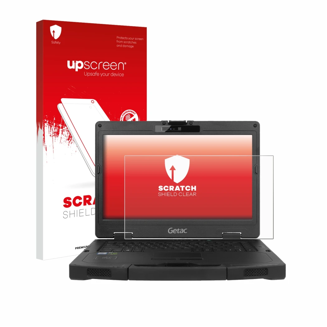 Front side of a product packaging with the brand logo upscreen. Next to it is the device Getac S410 shown with the correspondi