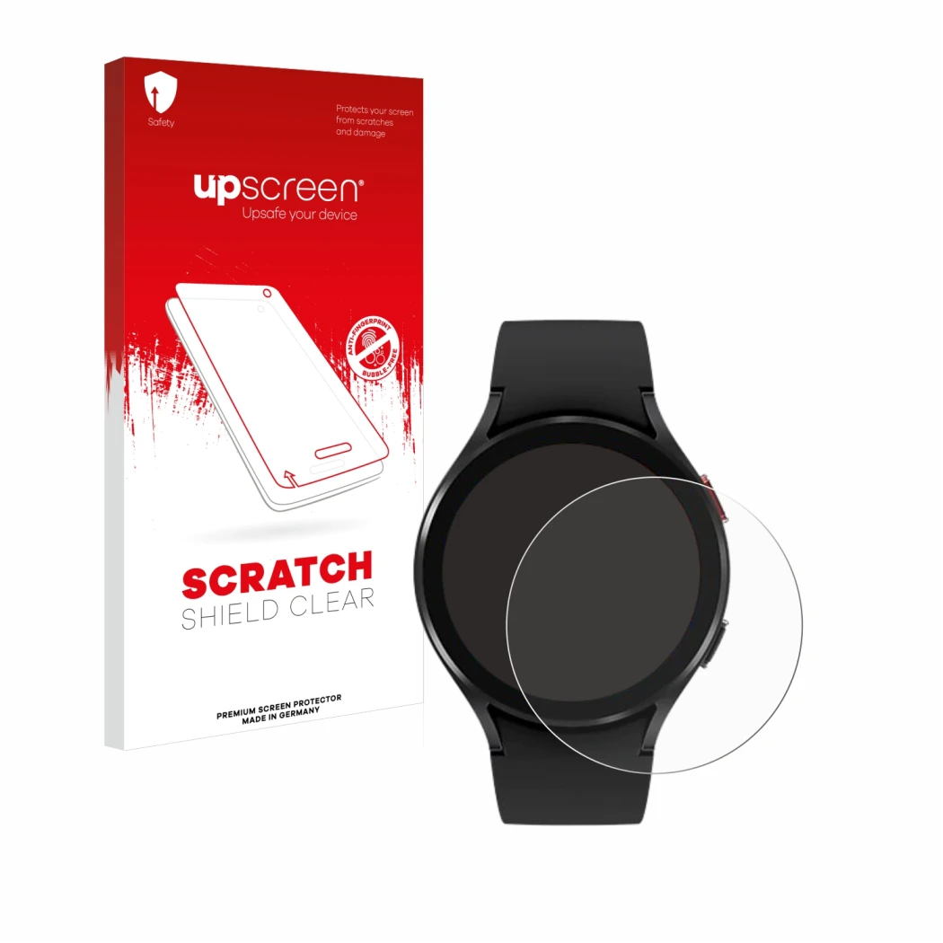 Front side of a product packaging with the brand logo upscreen. Next to it is the device Samsung Galaxy Watch 4 (44mm) shown w