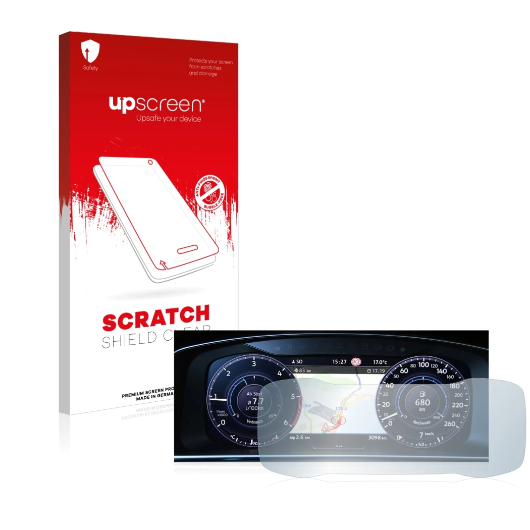 Front side of a product packaging with the brand logo upscreen. Next to it is the device Volkswagen Golf 7 Facelift (2016-2019