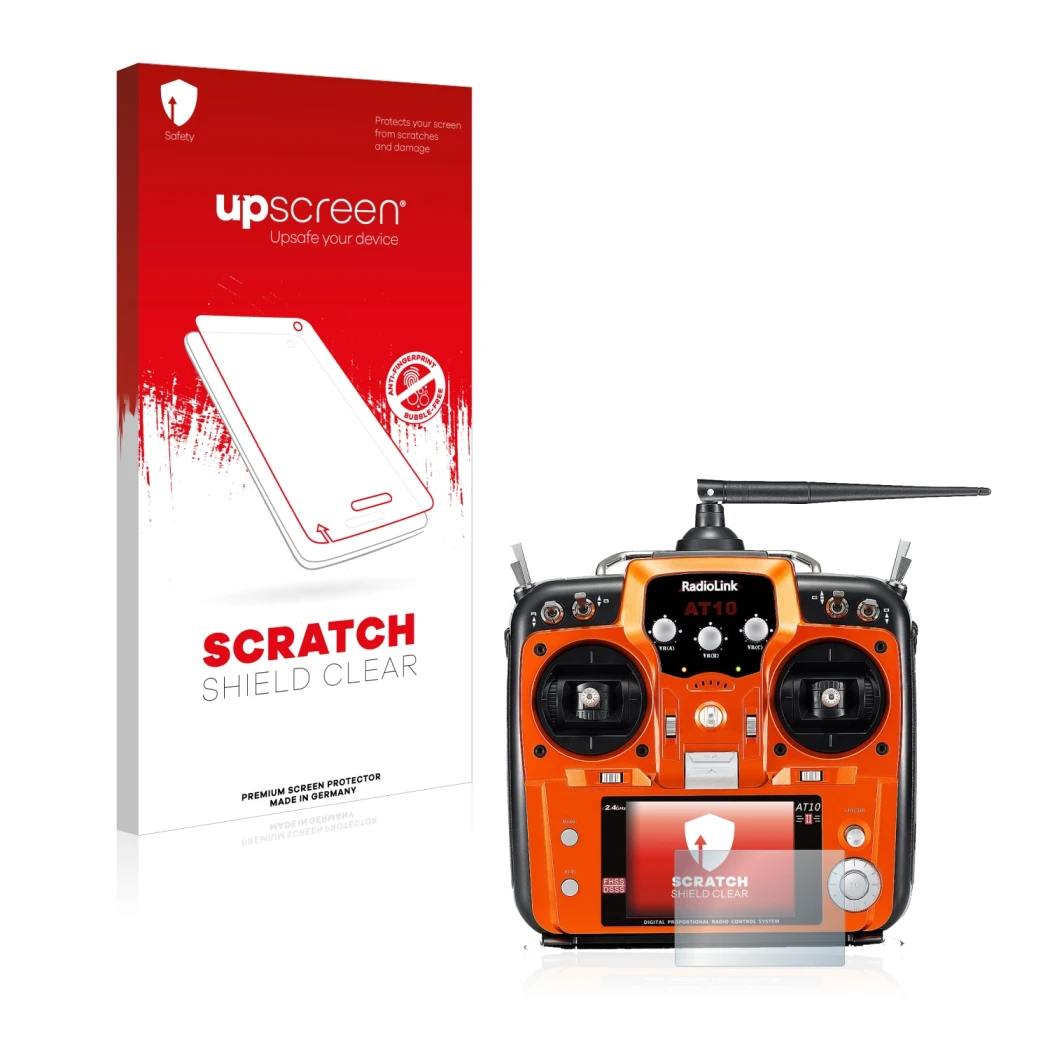 Front side of a product packaging with the brand logo upscreen. Next to it is the device RadioLink AT10II shown with the corre